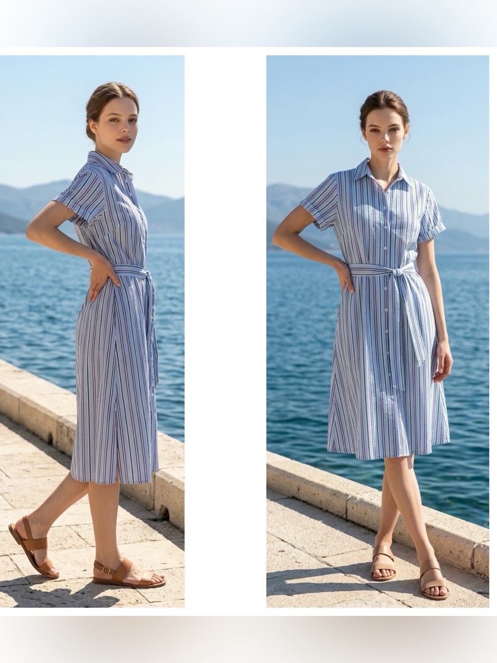 Zara Women’s Sz XS Striped Belted collared Midi Shirt Dress Pockets side slits